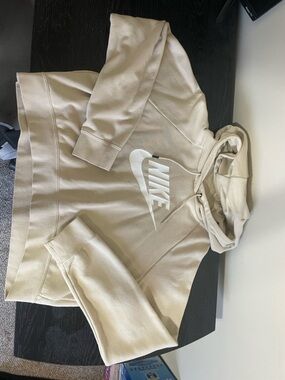 Nike Beige crop Hoodie with White Swoosh